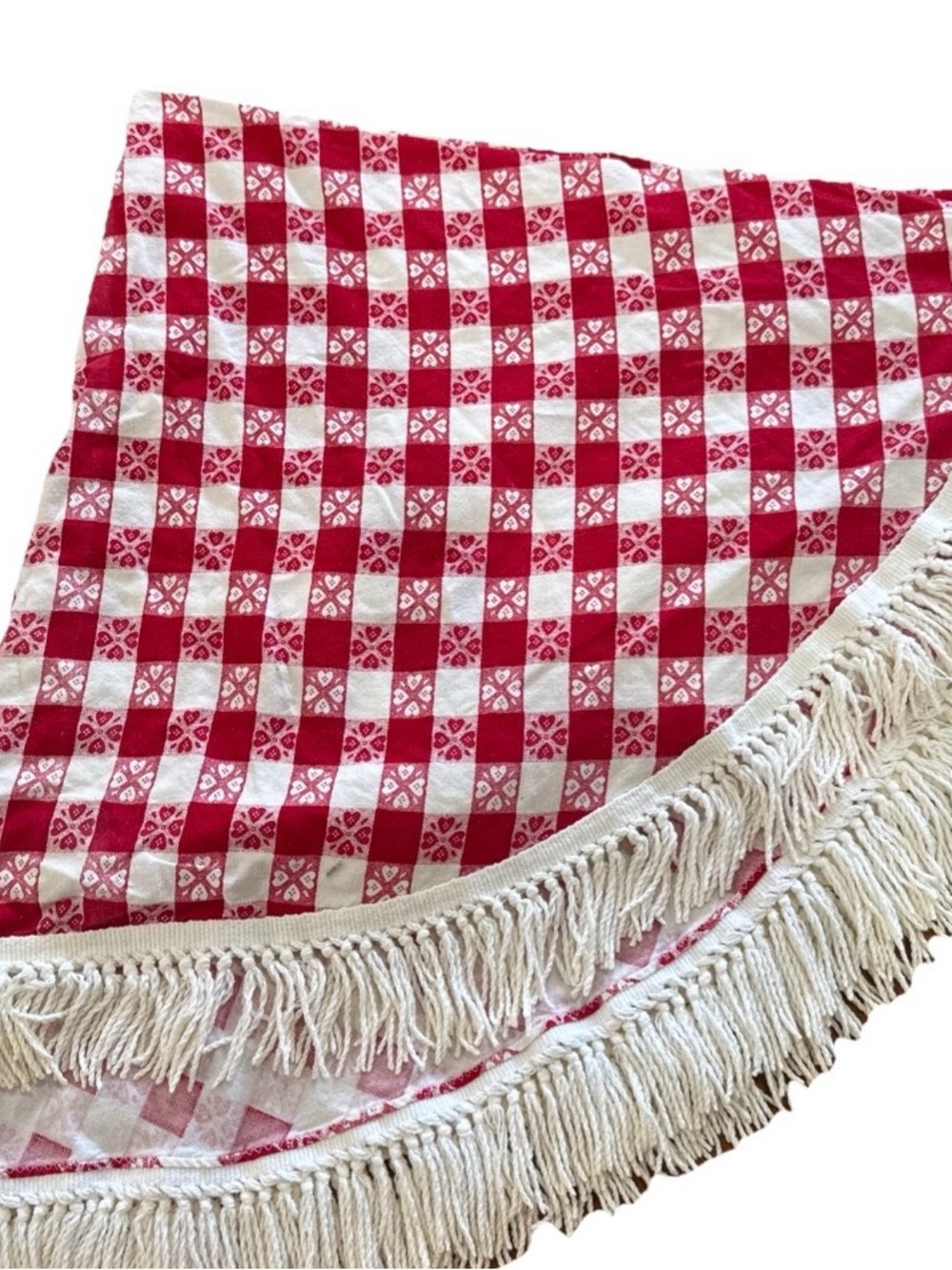 Vintage Round Tablecloth Red White Check Fringe Edge 48” Cottage Farmhouse